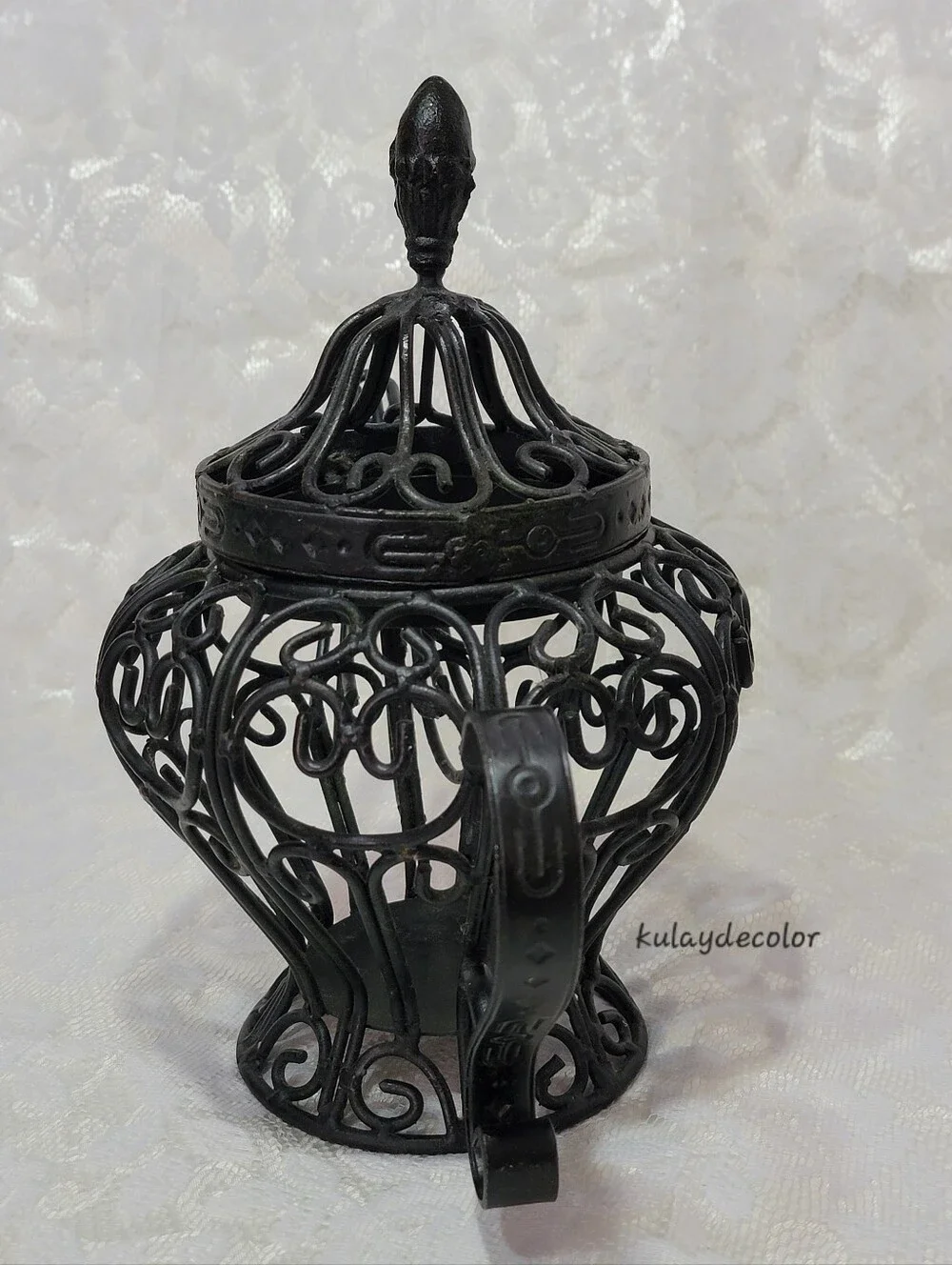 Filigree Style Wrought Iron Teapot Lantern Candle Holder Black Scroll Home Decor